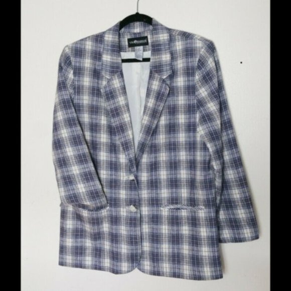 SAG HARBOR Petite Boxy Blazer Size 14 Plaid Blue - Picture 1 of 7